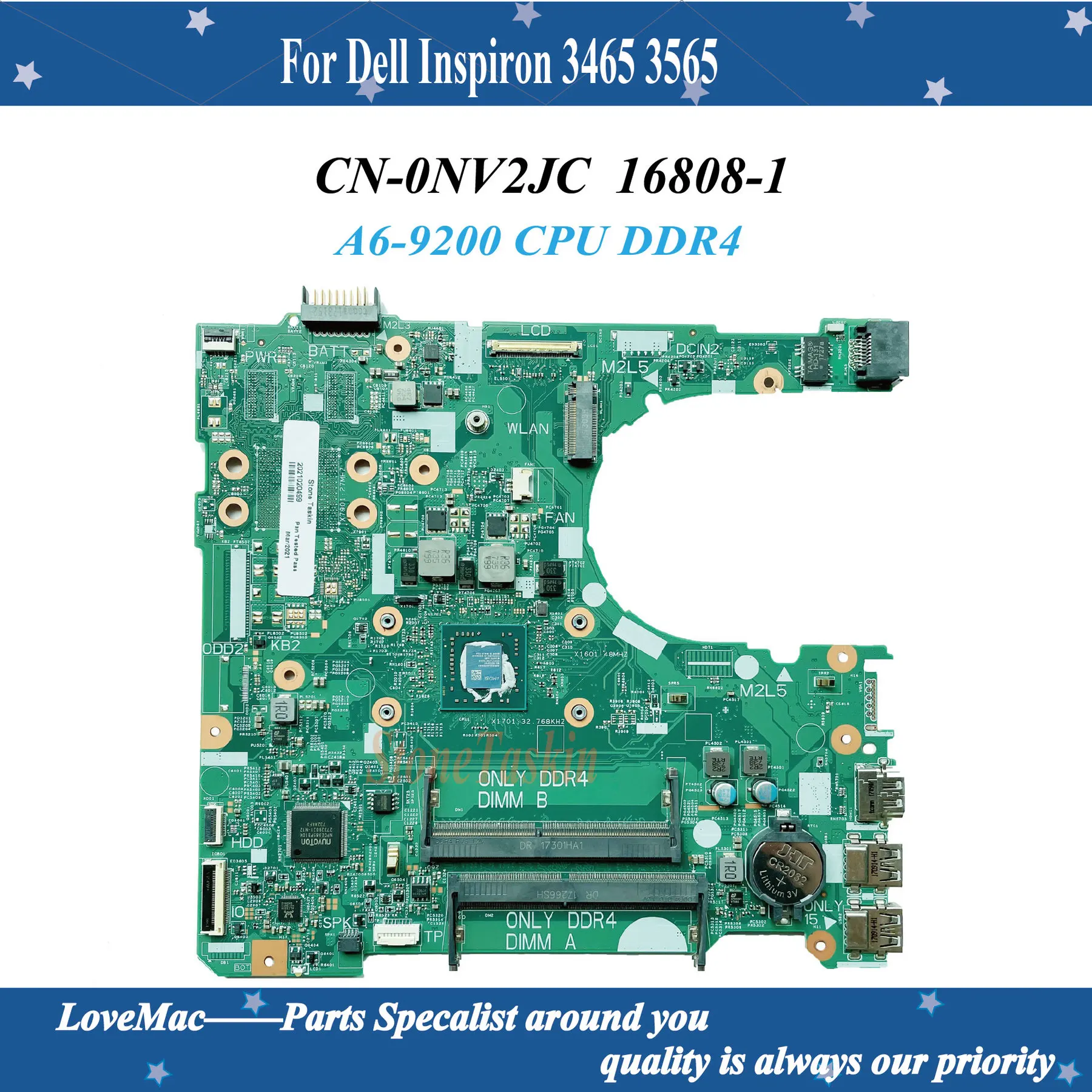 

High quality CN-0NV2JC FOR Dell Inspiron 3465 3565 Motherboard 16808-1 395RH NV2JC Mainboard with A6-9200 CPU DDR4 100% Tested