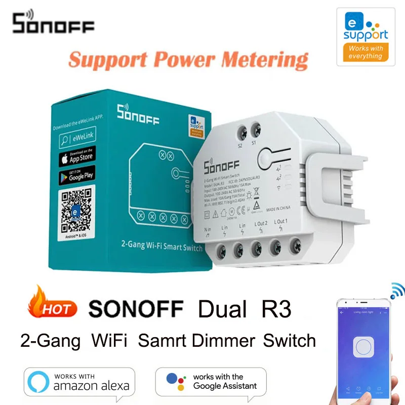 

SONOFF DUAL R3 Relay Smart WiFi Switch DIY Mini Dimmer Switch 2 Gang Power Metering Work With eWeLink Alexa Google Home Siri