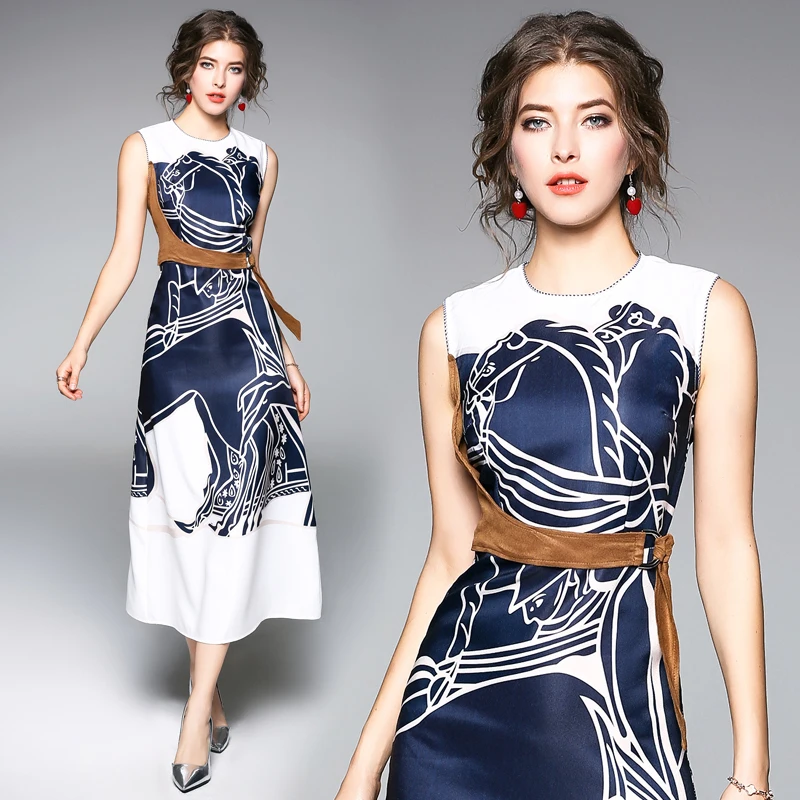 

WTIANYUW New Arrival Summer Dress Runway Designe O-neck Slim Dress Blue Print Fashion Belt Long Dress Work Wear Casual Dresses