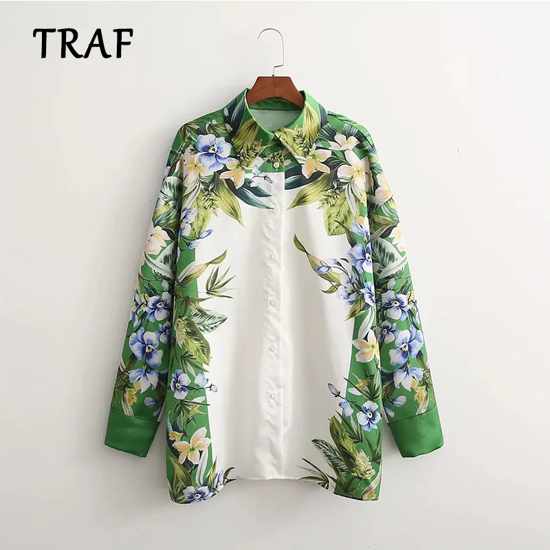 

TRAF Za 2022 New Women Shirt Autum Casua Printing Shirt Blouses Women Long Sleeves Single-Breasted Woman Tops
