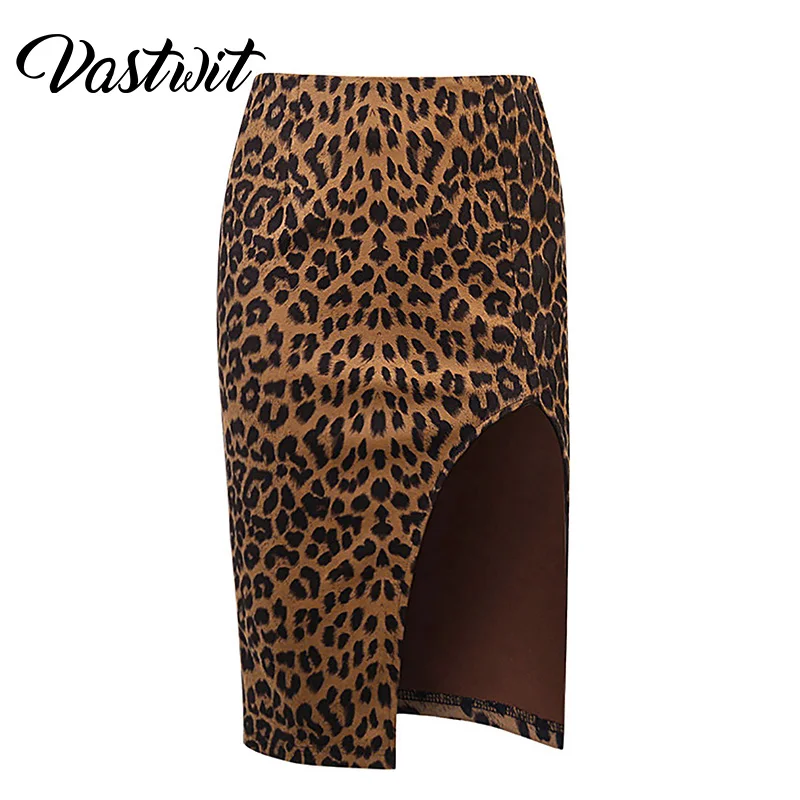 

Leopard Faux Suede Women's Skirt High Waist Split Knee Length Vintage Korean Style Bodycon Sexy Skirts Grunge Party Clubwear