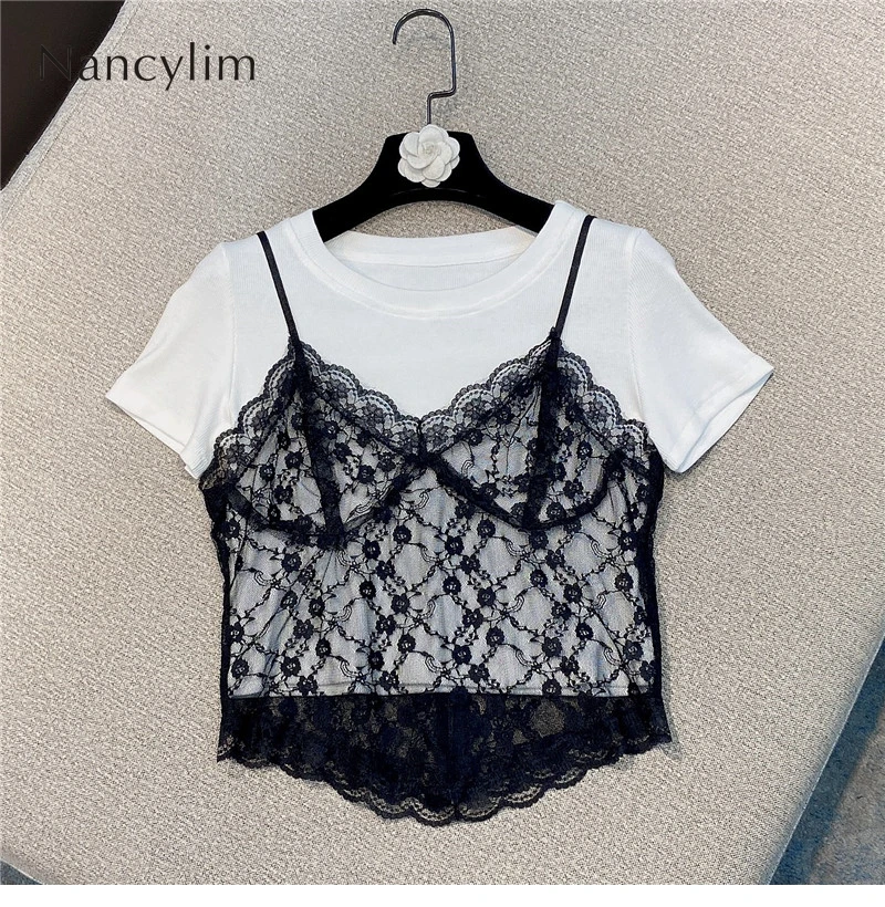 

Lace Patch T Shirts for Women 2021 Summer Clothing New Slim Fit Lady All-Match Basic Short Top Tees White Black Blue Nancylim