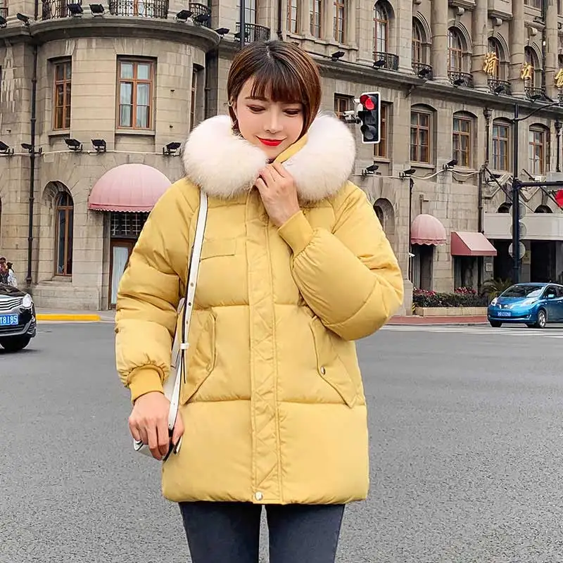 YELLOW Шикарное короткое меховое пальто с капюшоном для пекарни, зимнее пуховое пальто, тяжелая куртка большого размера, Толстая теплая ватная парка с хлопковой подкладкой - Цвет: YELLOW
