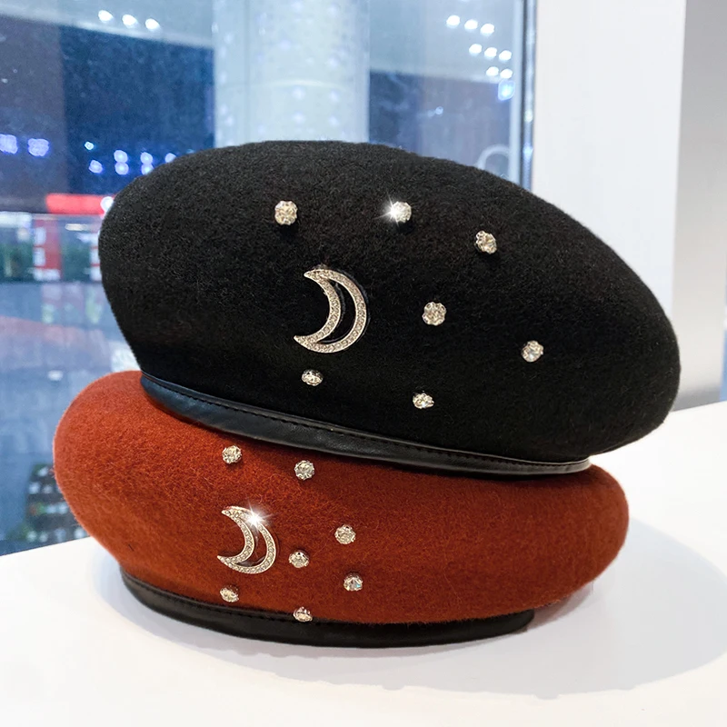 

Korea Chic Moon Rhinestone Beret Hats Women Elegant OL Lady Autumn Winter Warm Painter Caps Wool Hat 56-58cm