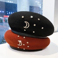 korea chic moon rhinestone beret hats women elegant ol lady autumn winter warm painter caps wool hat 56 58cm