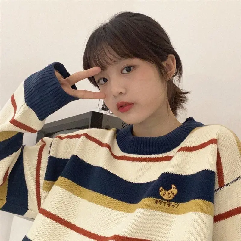 

Sweater Women Winter Stripe Cute Print Color Matching Preppy Style Loose Students Knit Coats Warm Woman Sweaters Pullover Shirt