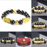 feng shui obsidian stone beads bracelet men women unisex wristband gold black pixiu wealth and good luck women bracelet