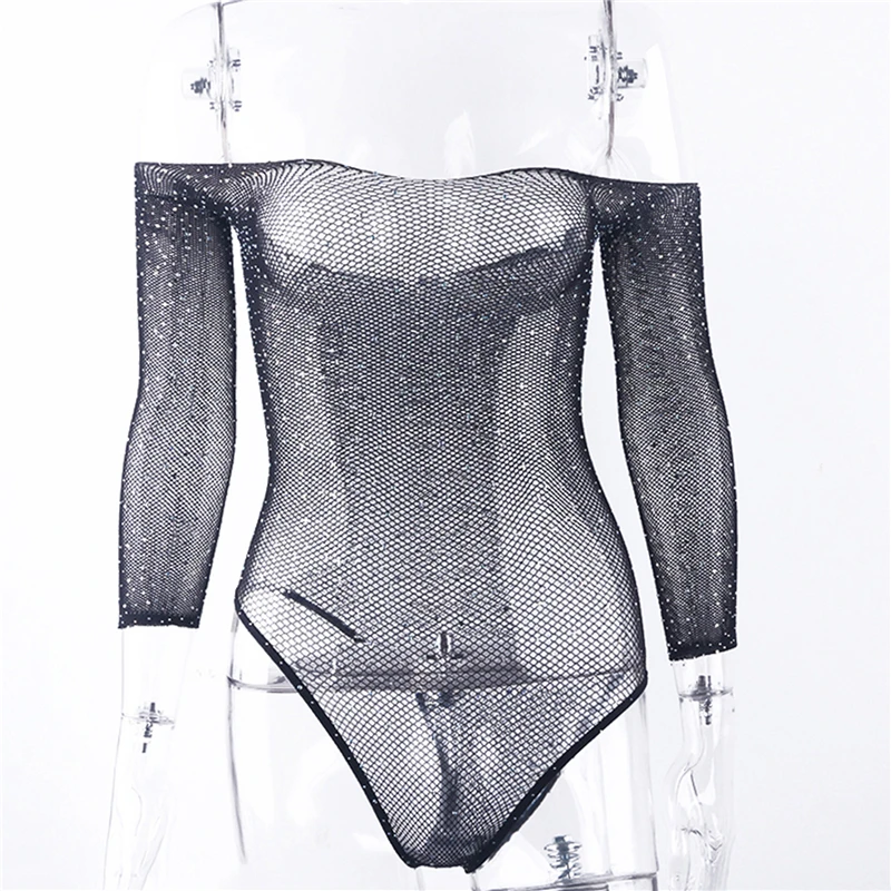 

Glitter Rhinestones Women Bodysuit Slash Neck Sexy Fishing Net Mesh Playsuit Transparent Full Sleeve Backless Slim Rompers