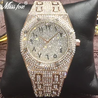 missfox blue arabic numerals man watches rose gold full diamond luxury quartz wrist watch men hip hop stainless steel dive clock