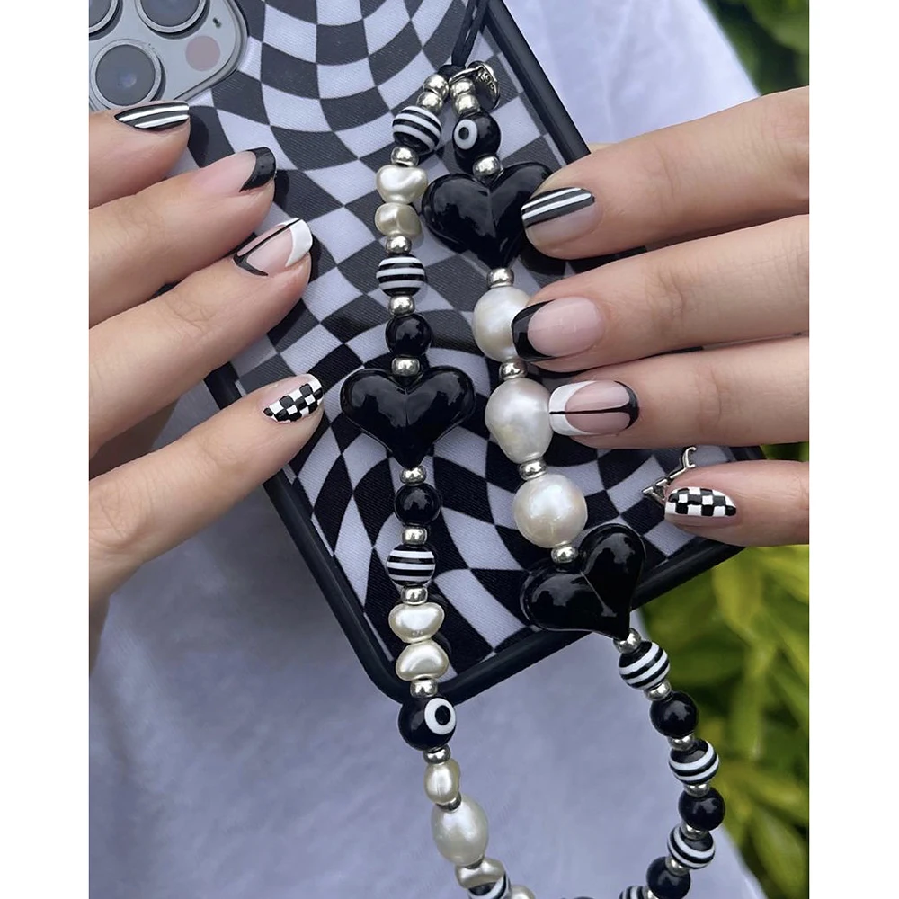 ins black heart mobile phone accessory straps mobile phone straps bead hanging chain for phone mobile phone cord boho ornament free global shipping