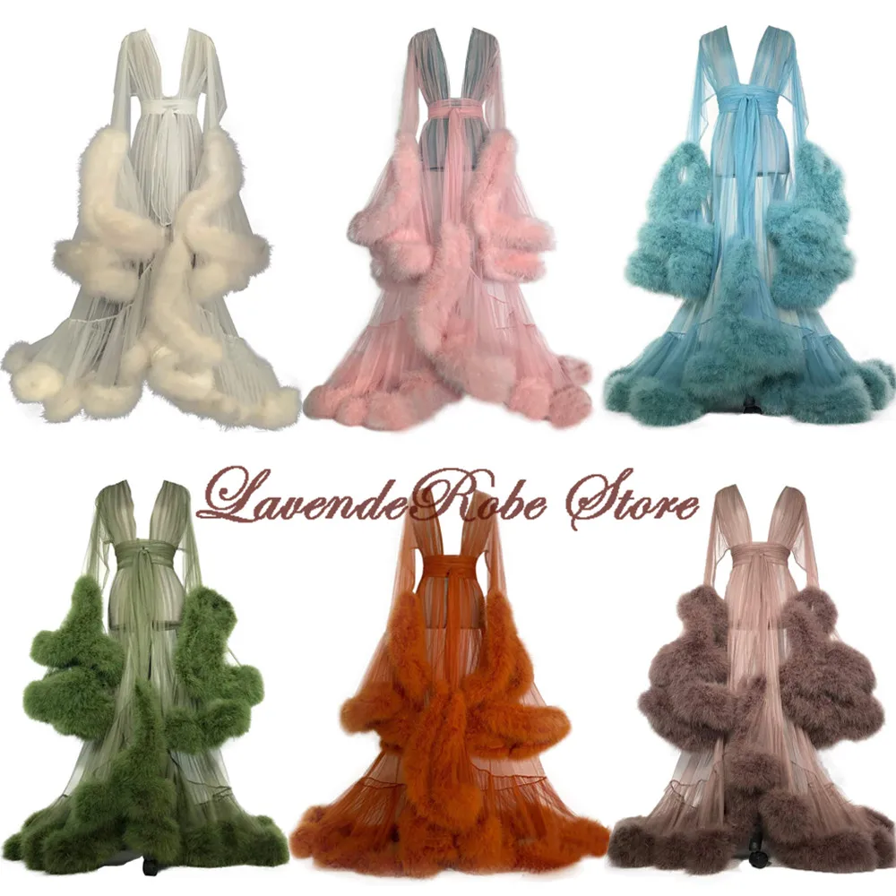 

Women's Fashion Bathrobe Feather Bath Gown Edge Tulle Illusion Long Bridal Robe Wedding Nightgown Maternity Photography Dress