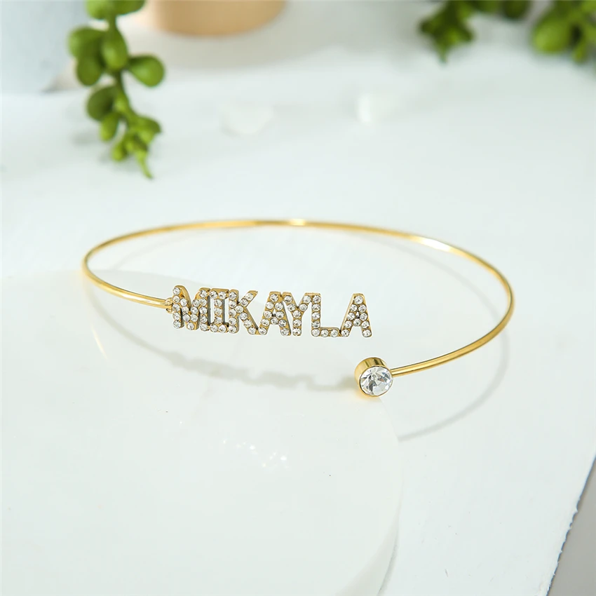 

Senfai Custom Handmade Crystal Personalized Name Bangle Bracelet with Birthstone Stainless Steel Bangles Best Gift for Women