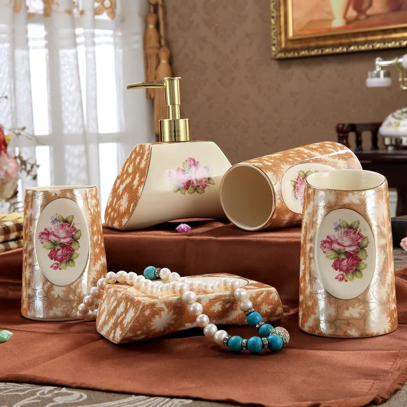 

Ceramic Bathroom Accessories Set Soap Dispenser Toothbrush Holder & Gargle Cups Unique Design Lavatory 5 Pieces Set Wedding Gift