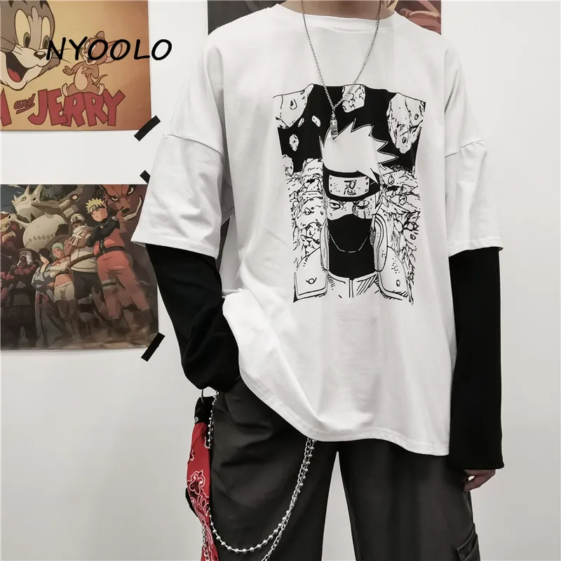 NYOOLO Harajuku уличная винтажная Аниме Наруто печать поддельные две части Лоскутная футболка осень длинный рукав футболка для женщин и мужчин - Цвет: Белый