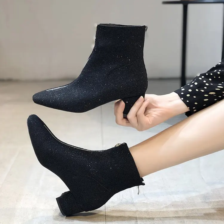 Женские сапоги носки на Высоком толстом каблуке с блестками цвет черный
