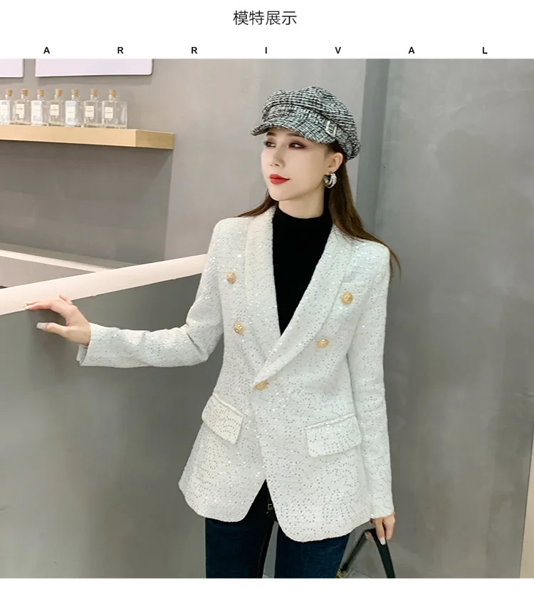 Coat autumn new style fashion double-breasted tweed temperament blazer women's sequined slim-fit jacket womens blazers | Женская
