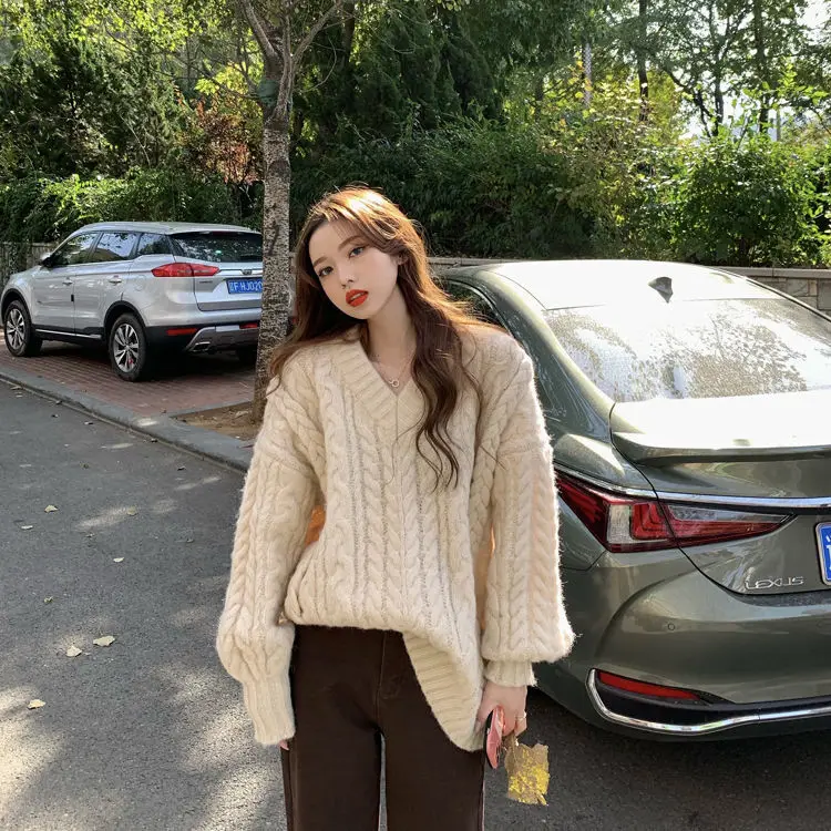 Женский вязаный пуловер с V-образным вырезом свитер зимний свободный - купить по