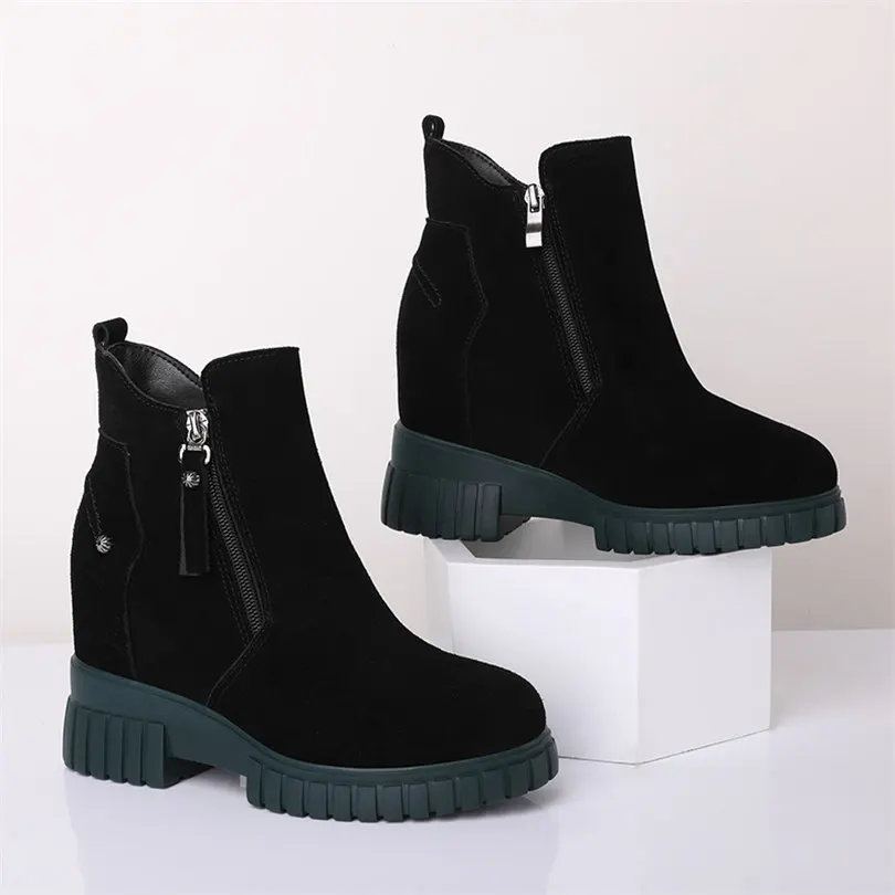 

Fashion Sneakers Women Black Genuine Leather High Heel Ankle Boots Female Round Toe Platform Pumps Shoes Casual Shoes Creepers