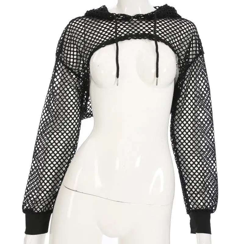 

Sexy Mesh Crop Top Women Net Hooded Tops Long Sleeve Rock Club Dance Gothic Fishnet T Shirt Hoodies Summer Tee Tops