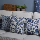 Винтажный хлопковый льняной чехол для подушки, сине-белый фарфоровый принт, цветочный узор, наволочка для подушки, домашний диван, наволочка, домашний текстиль