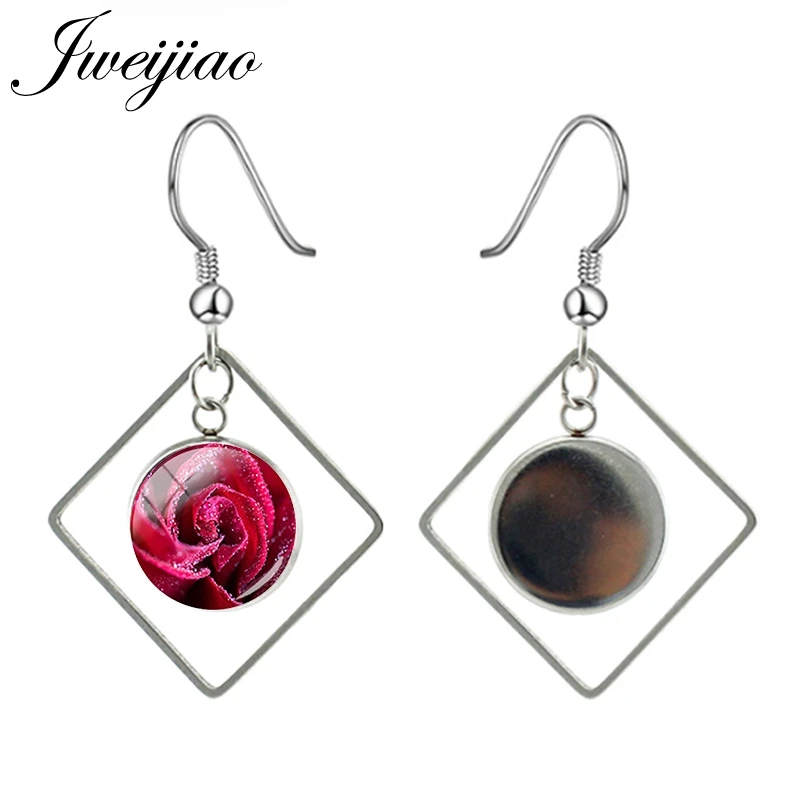 Серьги-подвески JWEIJIAO с изображением красной розы, круглые стеклянные кабошоны с рисунком цветов, украшения для девушек, RS01 Серьги-подвески JWEIJIAO с изображением красной розы, круглые стеклянные кабошоны с рисунком цветов, украшения для девушек, RS01