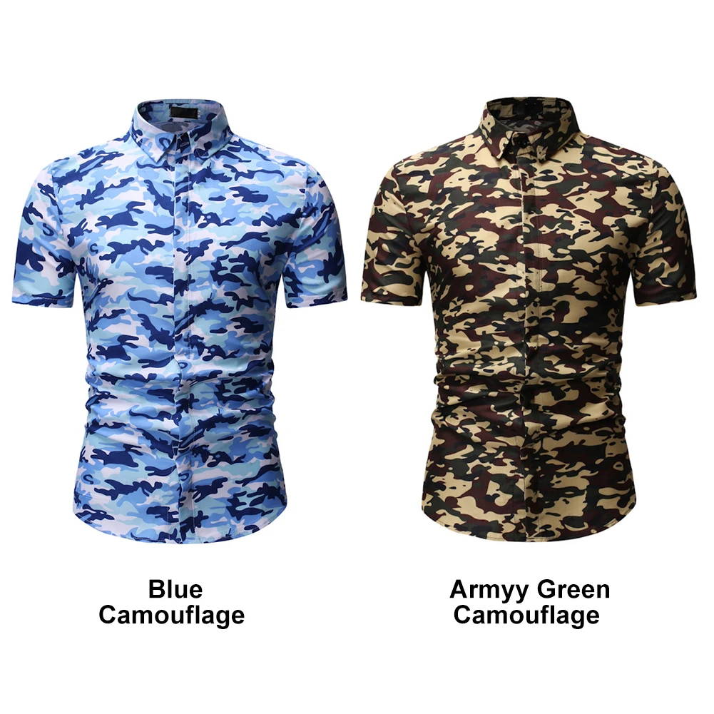 

Cotton Blend Square Neck Summer Fashion Daily Short Sleeve Camouflage Pattern Casual Men Shirts