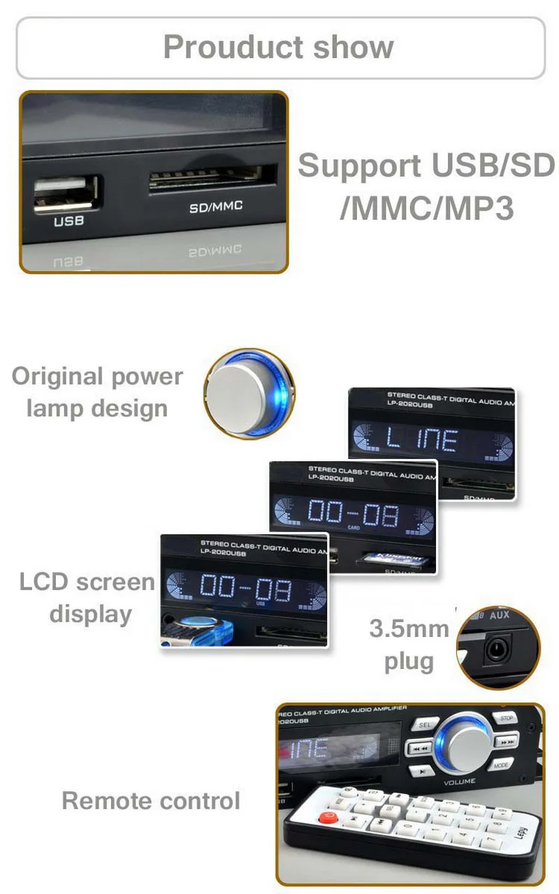Автомобильный усилитель, цифровой ЖК-дисплей, AUX/USB/AD/MMC, поддерживаемый дистанционный разъем 3,5 мм