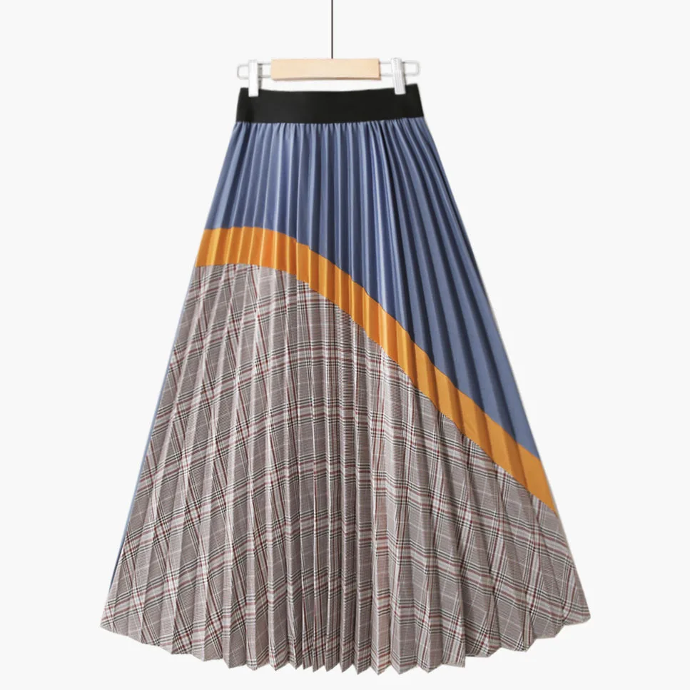 

Long Skirts Womens Summer Fall 2021 Korean Pleated Patchwork High Waist Casual Loose Office Lady Skirt jupe femme