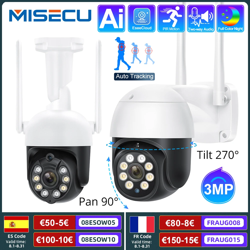 

IP-камера MISECU PTZ Беспроводная с Wi-Fi, поворотная Уличная С ИИ-датчиком присутствия, H.265, P2P, аудио, 3 Мп