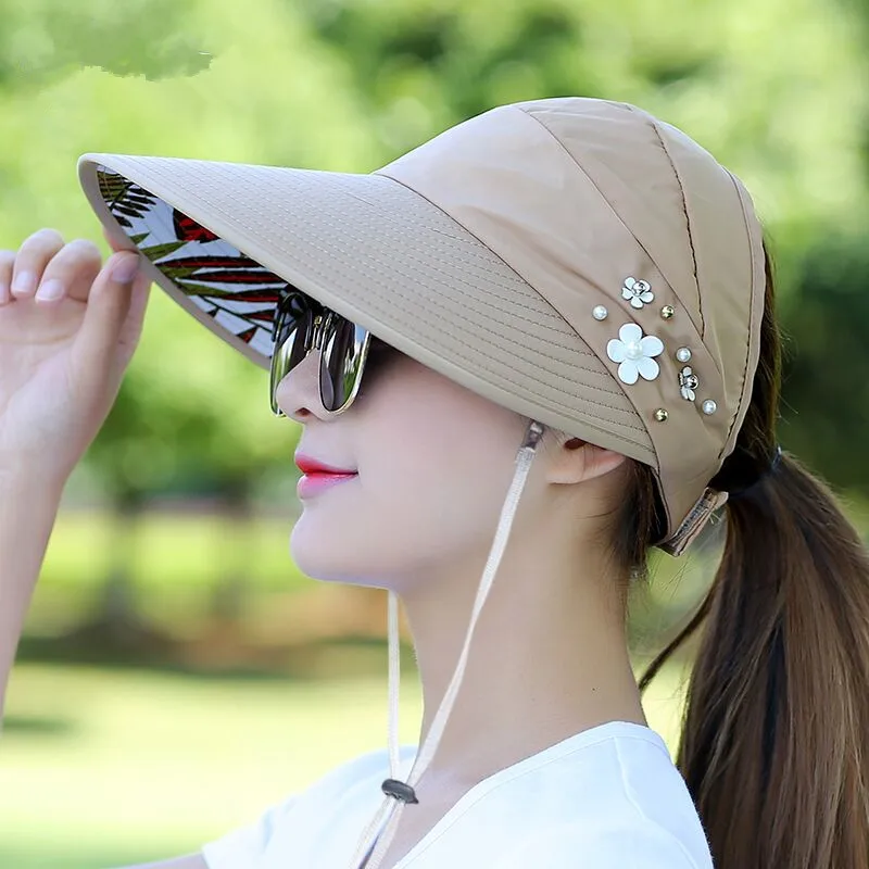 

Hot Summer sun hat with pearl adjustable big heads wide-brimmed beach hat UV protection packable sun visor hat with 1PCS Ltnshry