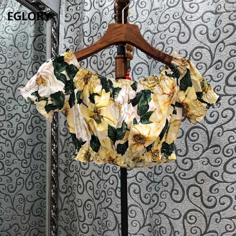 Crop Tops New 2021 Summer Fashion Ladies Sexy Slash Neck Yellow Floral Print Short Sleeve Casual Short Tops Ladies Sexy Tops  - buy with discount