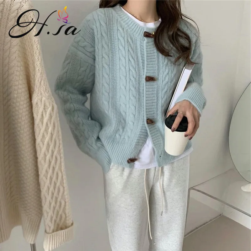 

H.SA 2021 Women Casual Sweater Cardigans Twsited Loose Knit Jackets Horn button Cardigans Pink Outerwear Knitted Spring Coat