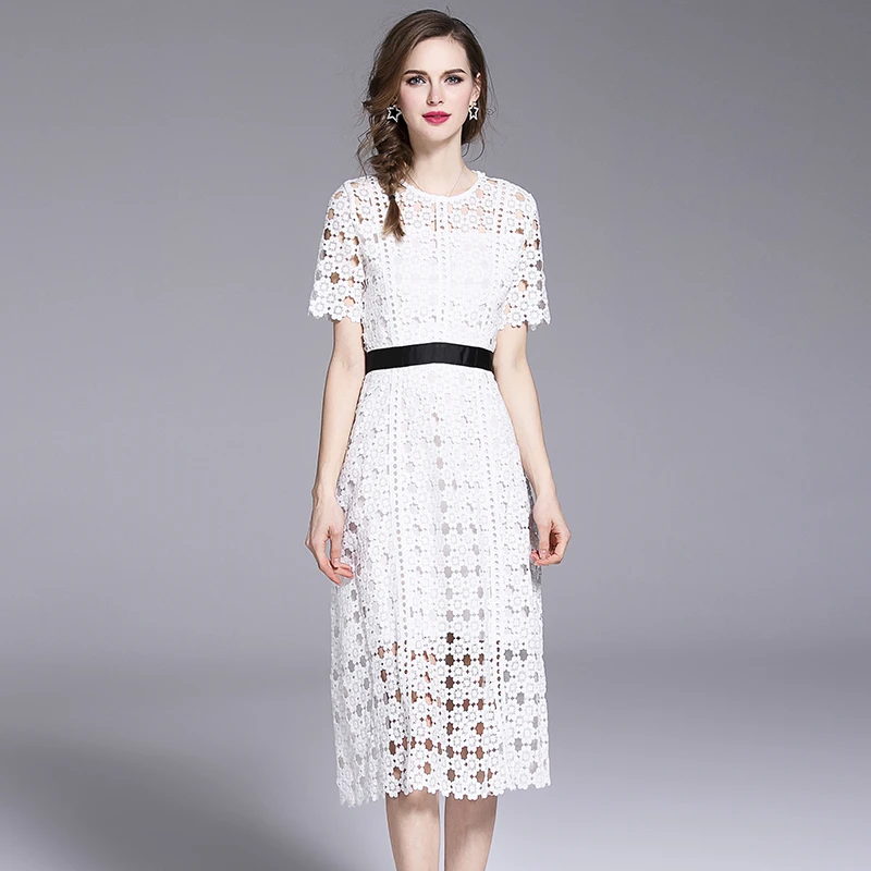 

O-Neck Summer White Dress Women Hollow Out Casual Lace Sexy Dress Women Mid-Calf Petal Sleeve Short Sleeve Summer Dress Women