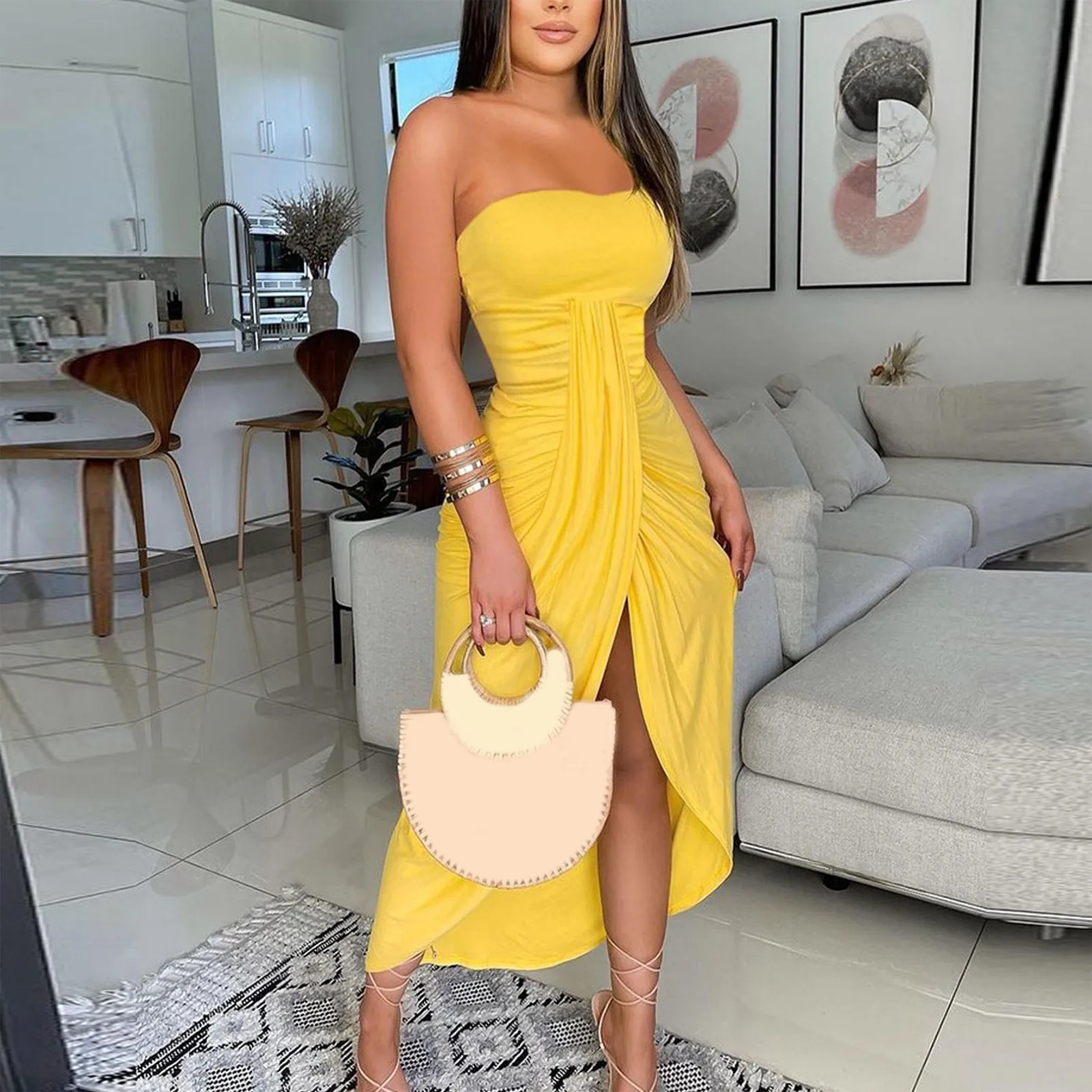 

Женское длинное платье с лямкой на шее, однотонное повседневное желтое платье средней длины без бретелек, одежда для отпуска, лето 2021