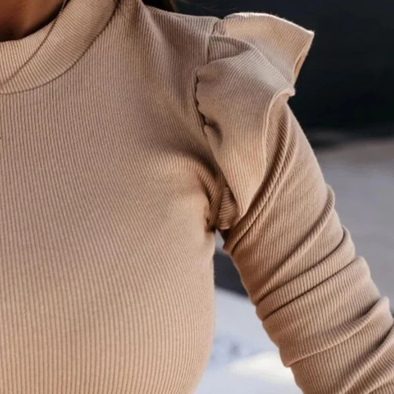 

Knitting Sweater Jumper Turtleneck Tops Pullovers Casual Sweaters Womens Ruffle Sweater Long Sleeve All-match Elastic Sweater
