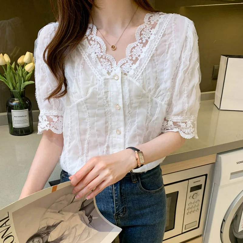 

2021 Summer Shirt Sexy Lace Shirt V-neck Fashion Style Base Shirt With Sling Hollow Out Small Shirt French Short Sleeve Tops