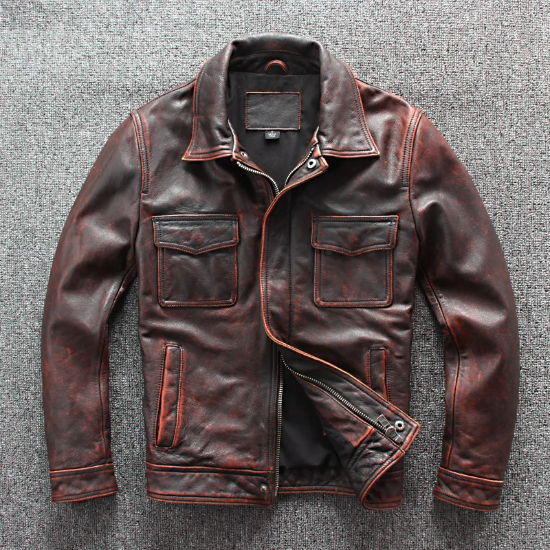 

Jacket Men Leather Vintage Cowhide Genuine Leather Coat Motorcycle 100% real Cow Jacket Slim Fit clothes