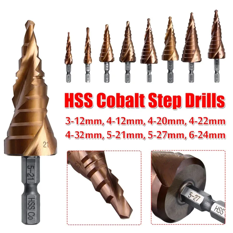 

M35 HSS-CO Cobalt Step Drill Bit 1/4 Inch Cone Hex Shank Spiral Grooved Taper Point Drill Bits Hole Cutter For Stainless Steel