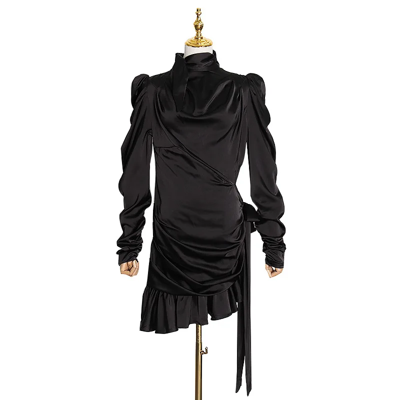

Summer new temperament lace-up hollow waist bubble sleeve slim celebrity flounce dress women