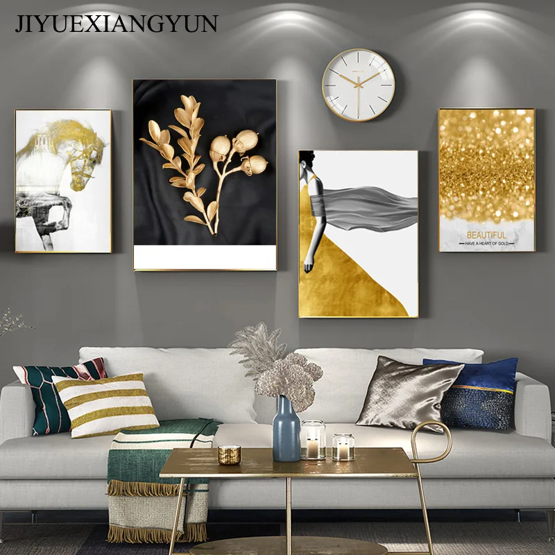 Современное искусство Золотая лошадь плакаты и красота холст картина настенные