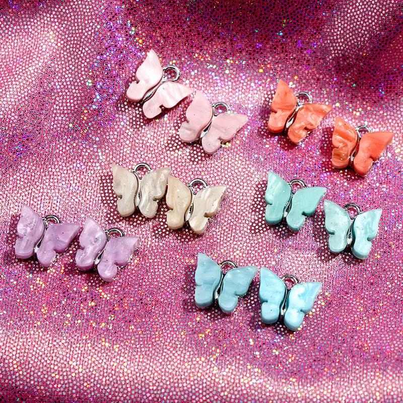 

10Pcs Bling Cute Acrylic Butterfly Charms 13*13mm Silver Color Alloy Insect Charm For DIY Jewelry Making Accessories Wholesale