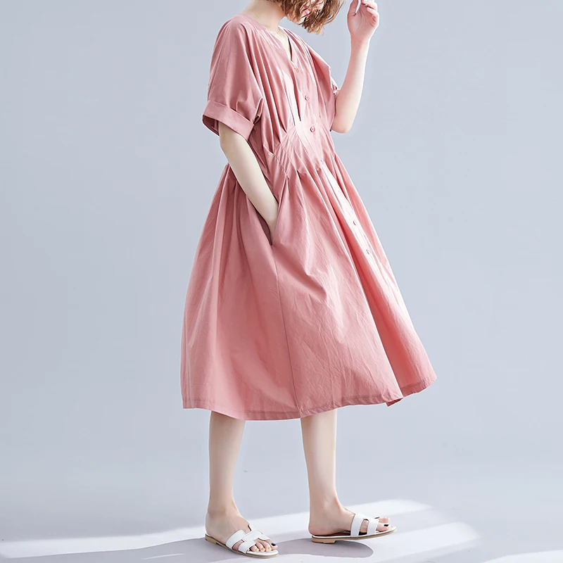 

2020 Summer New Artistic Niche Loose A- line Dress Pleated A- line Midi Dress for Plump Girls plus Size Waist Fitted Figure