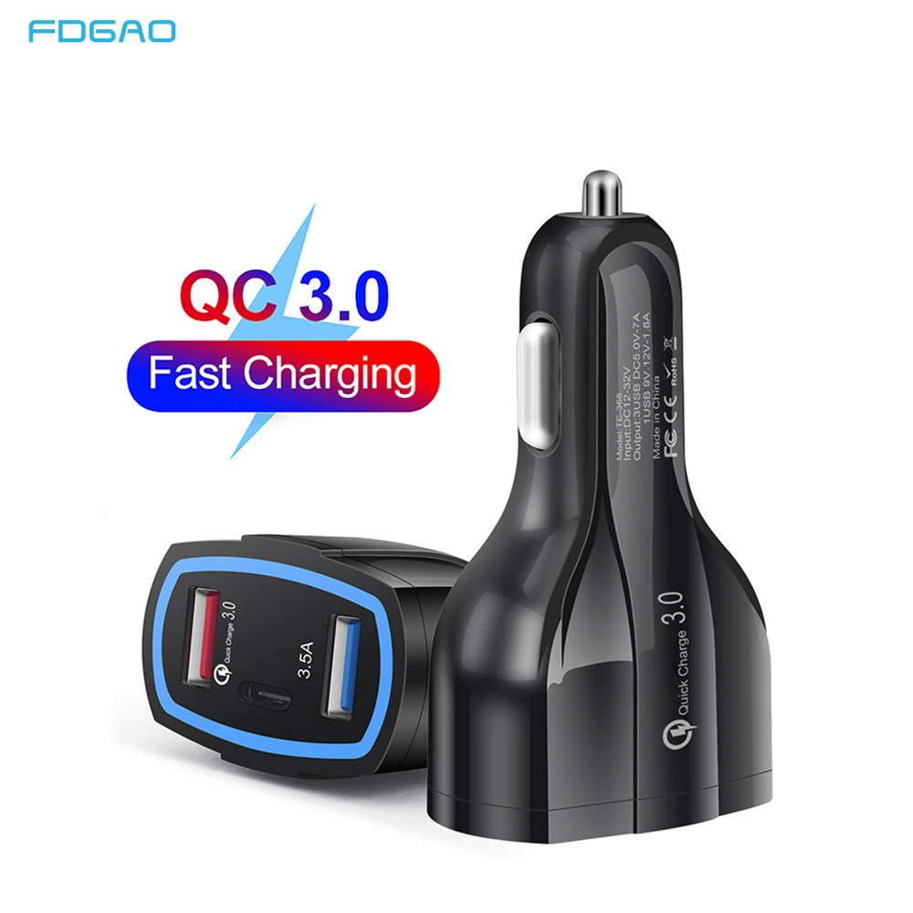 

FDGAO Universal QC 3.0 USB Car Charger 3-Ports Quick Charge 3.0 Type C Fast Charger Car Adapter for iPhone 12 11 Samsung S21