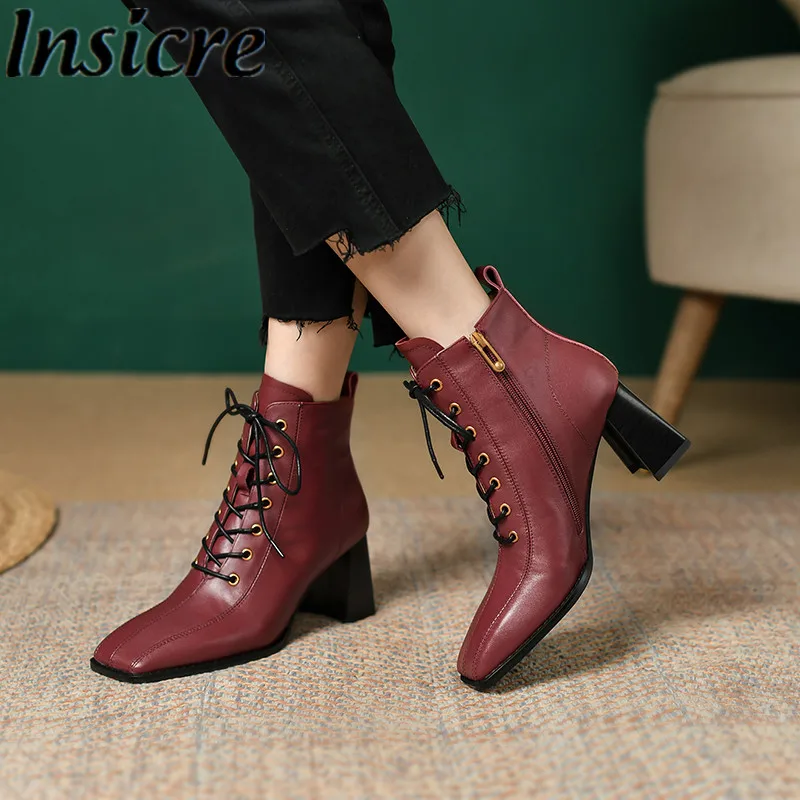 

Insicre Square Toe Wine Red Full Genuine Leather Zipper Cross Tie Thick High Heels Women Ankle Boots 2021 Winter Shoes