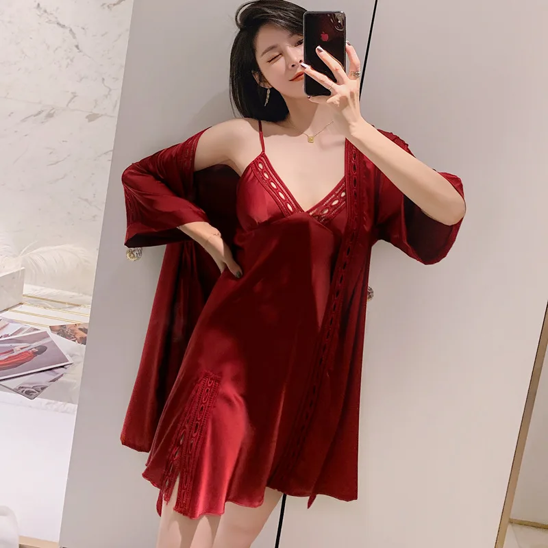 

Nightgown Suits 2PCs Ladies Sexy Suspender V-Neck Dress Spring Summer Silk Satin Morning Gown With Chest Cushion Hotel Bathrobe