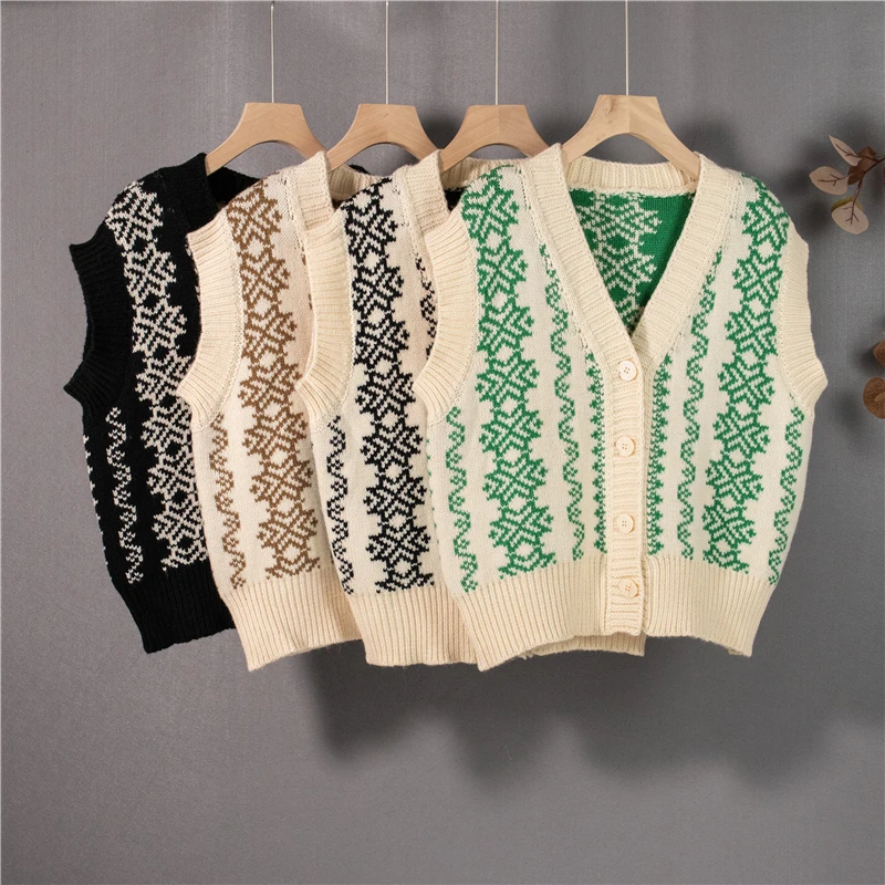 

Женский вязаный жилет, свитер с V-образным вырезом, винтажный свободный трикотажный топ, Повседневный Кардиган без рукавов в стиле преппи на...