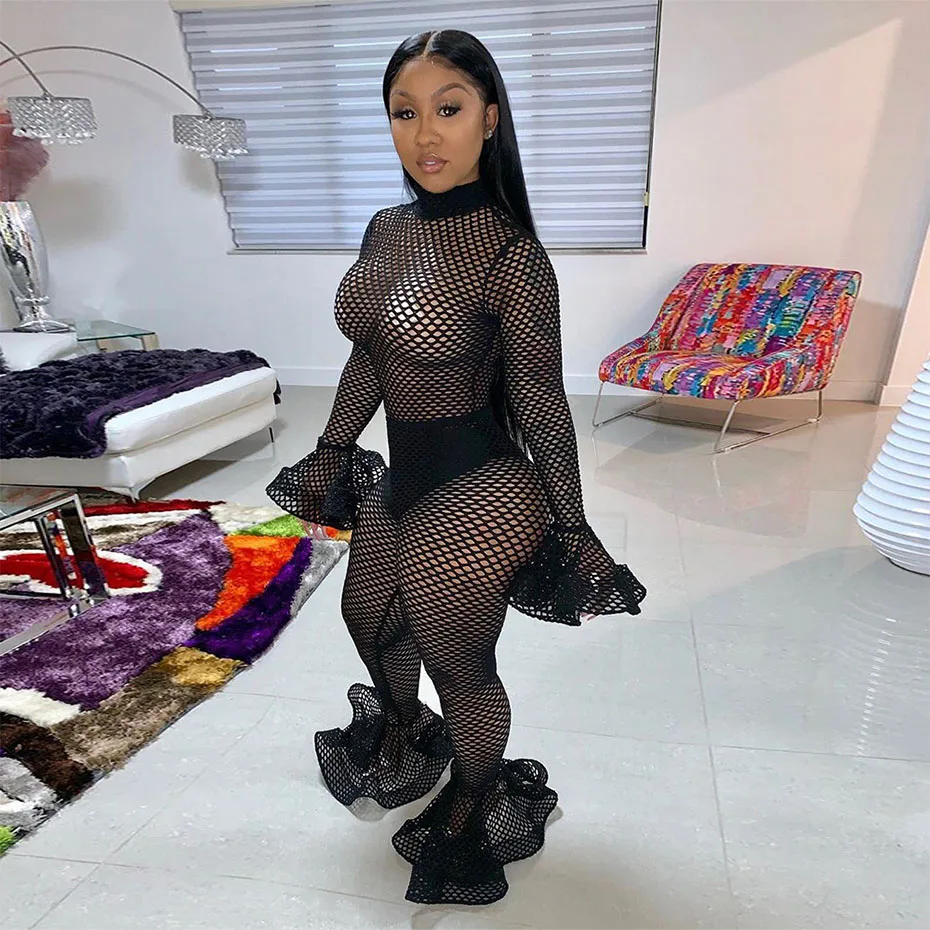 HAOYUAN Sexy Fishnet Sheer Rompers Womens Jumpsuit Long Sleeve Bodycon Overalls Festival Clothing Fall Club One Piece Jumpsuit