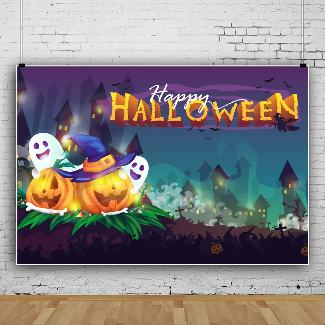 

Laeacco и надписью "Happy Halloween" с рисунком тыквы Фонари призрак Темная ночь плакат с замком фон для фотографии баннер фон для фотосъемки