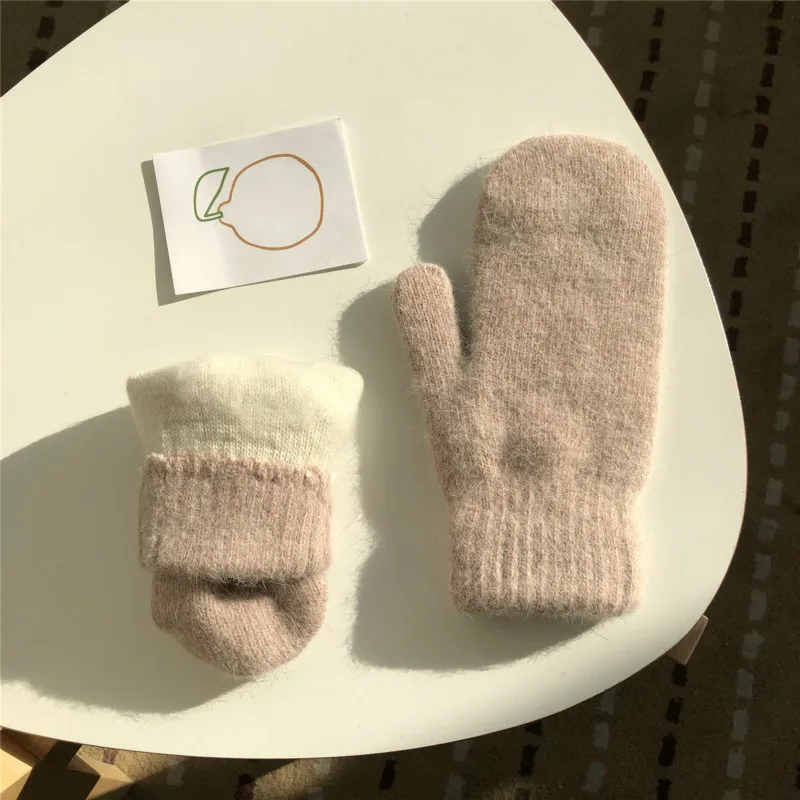 

Double-layer rabbit hair gloves female winter Korean version of solid color all fingers winter women gloves girls mittens
