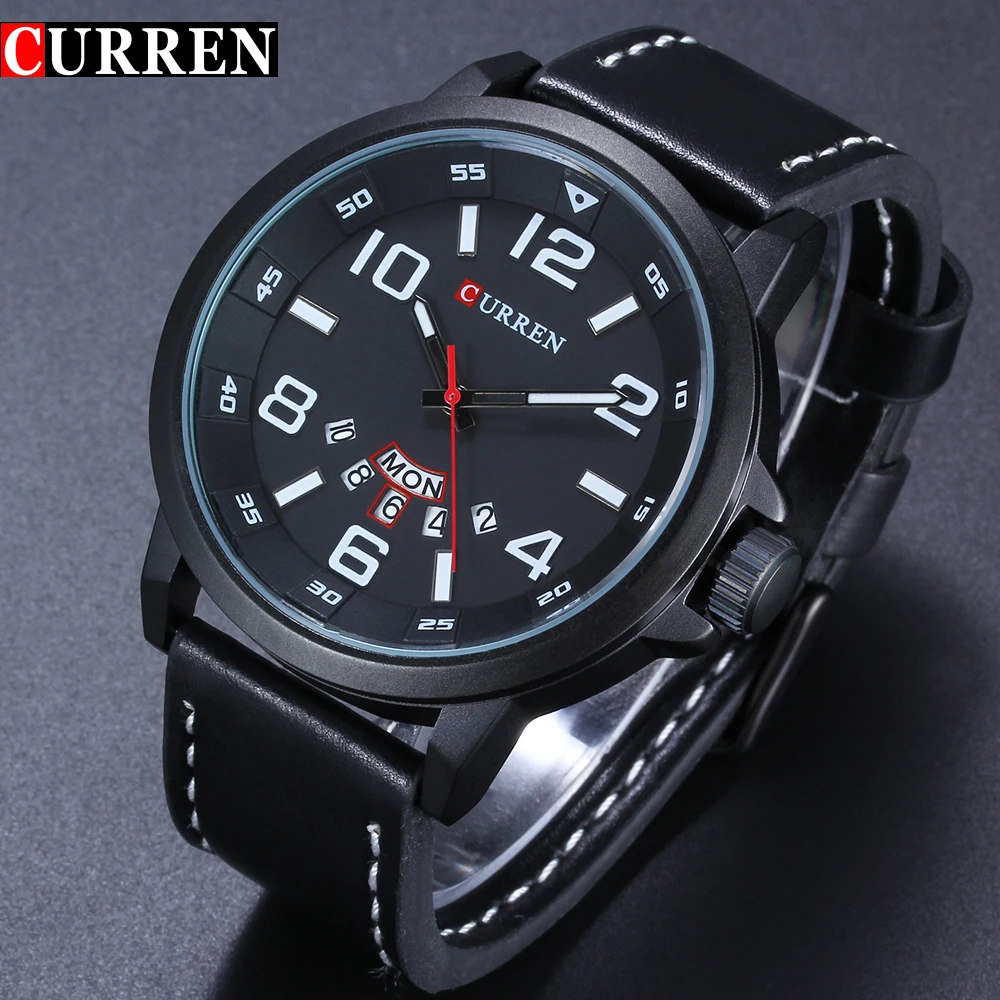 Роскошные брендовые кварцевые часы мужские с кожаным ремешком и датой модные